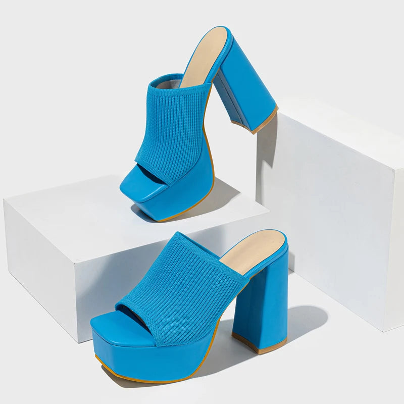 Women’s Open Toe Platform Mule Heels with Ribbed Strap and Block Heel