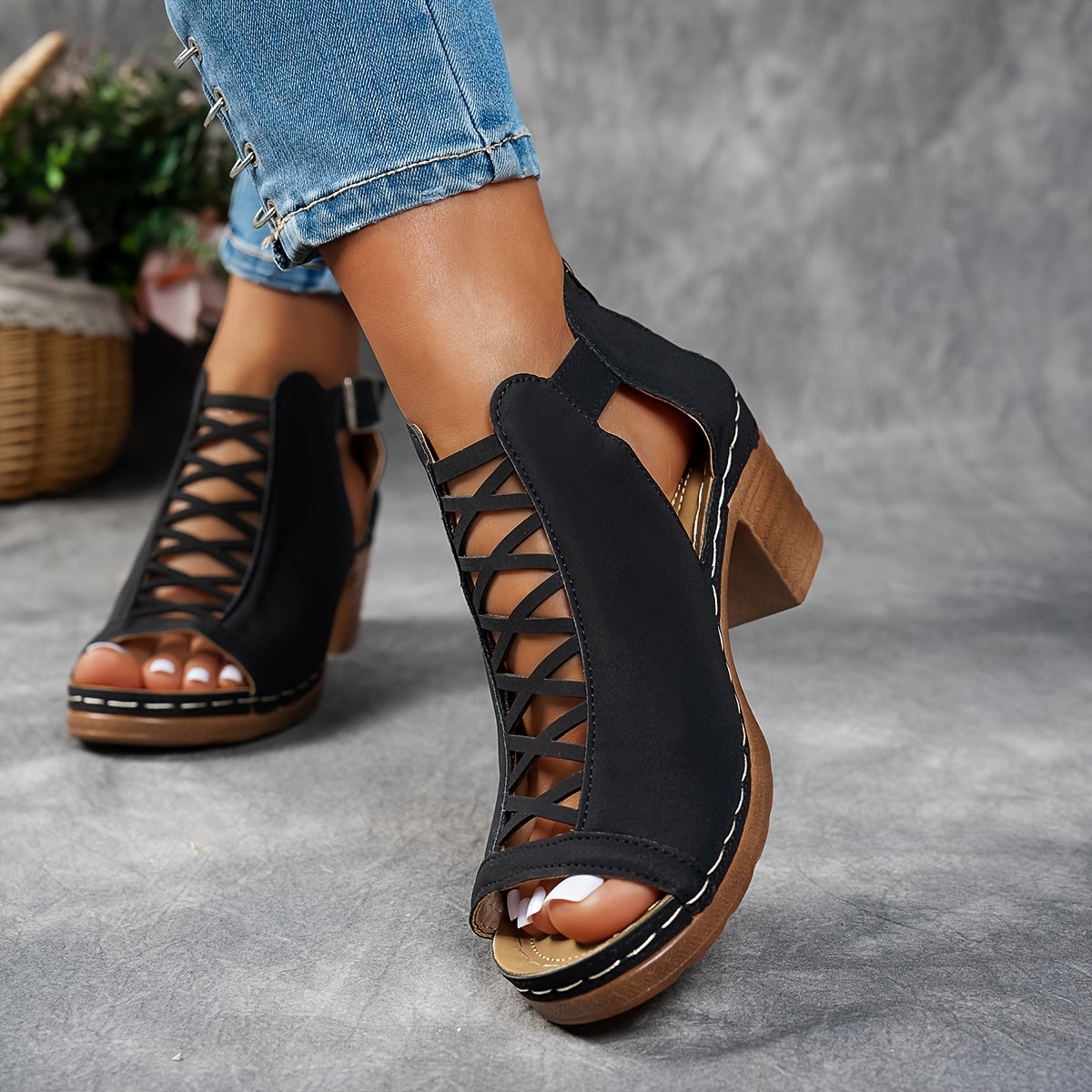Women's Open Toe Heeled Sandals - Cut-Out Upper - Buckle and Back Zip