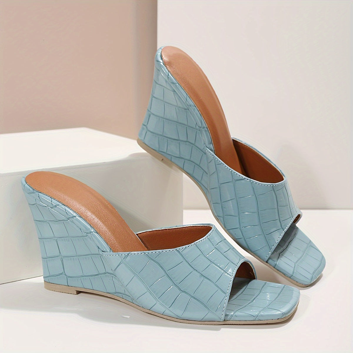 Women's Croc-Embossed Square Toe Wedge Slide Sandals
