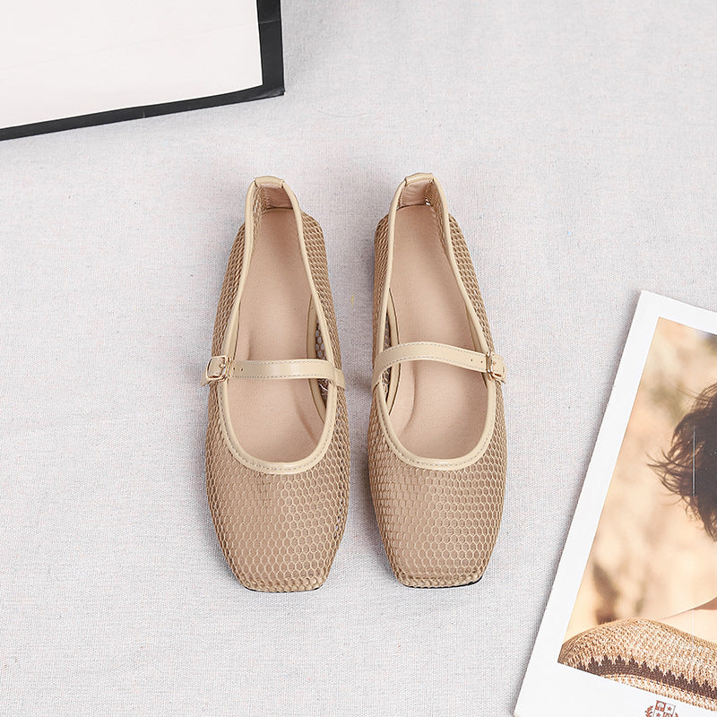 Women's Mesh Mary Jane Flats – Square Toe Buckle Strap Open Weave Upper