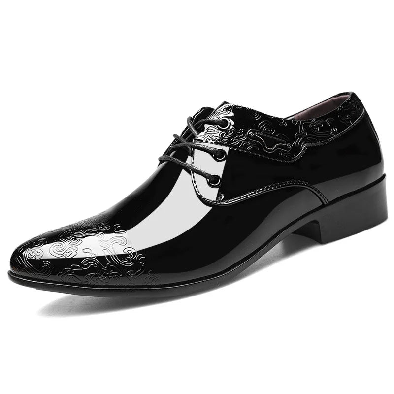 Men's Oxford Dress Shoes - Pointed Toe - Patent Upper - Embossed Detail - Black