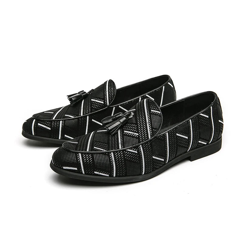 Men’s Almond Toe Checker Weave Faux Leather Tassel Loafers with Slip-On Design