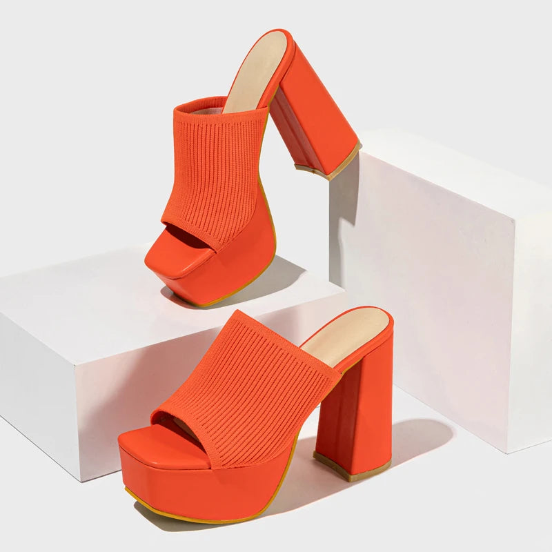 Women’s Open Toe Platform Mule Heels with Ribbed Strap and Block Heel