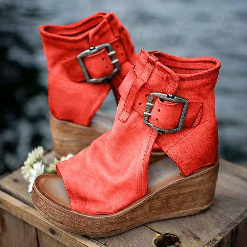 Women's Open Toe Wedge Sandals - Buckle Closure - Platform Ankle