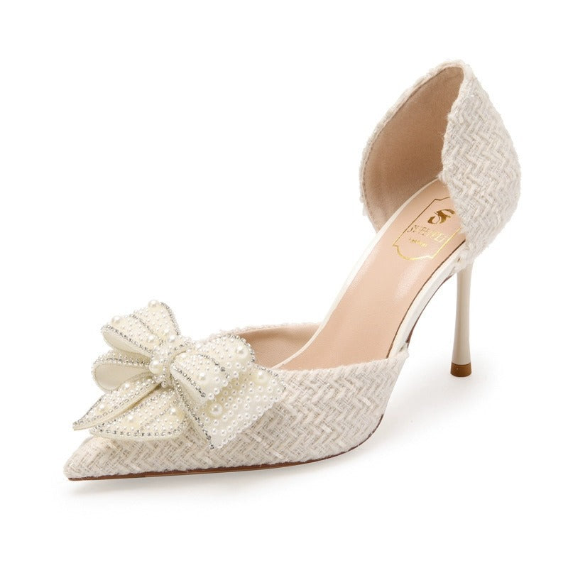 Women's Stiletto Heels – Pointed Toe D'Orsay Pump with Bow and Crystal Detail