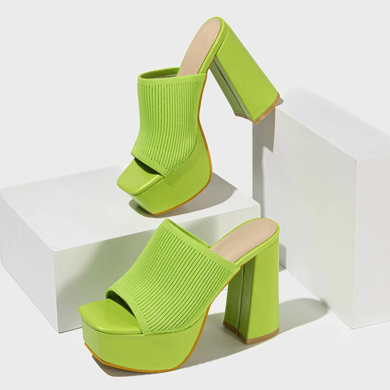 Women’s Open Toe Platform Mule Heels with Ribbed Strap and Block Heel
