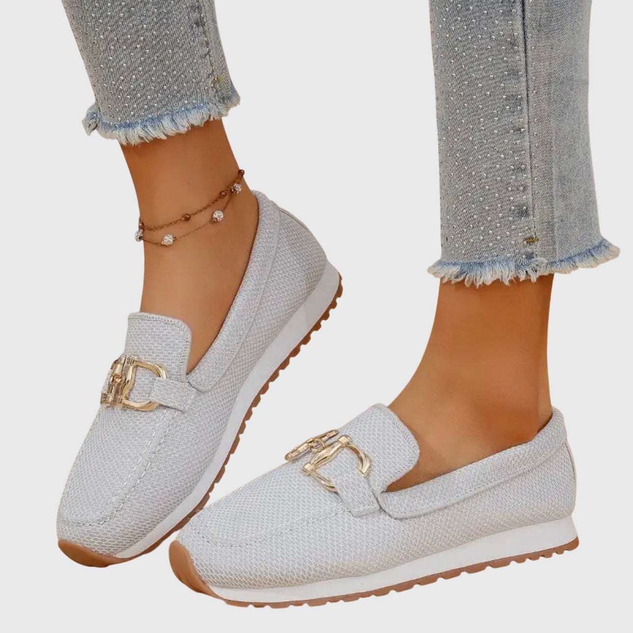 Women’s Almond Toe Slip-On Sneakers with Metal Bit Detail and Textured Rubber Sole
