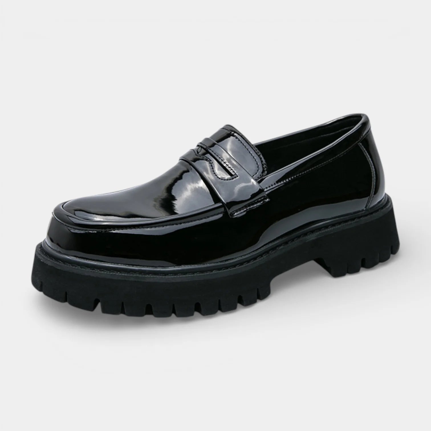 Men’s Black Rounded Toe Slip-On Loafers with Front Strap and Chunky Lug Sole
