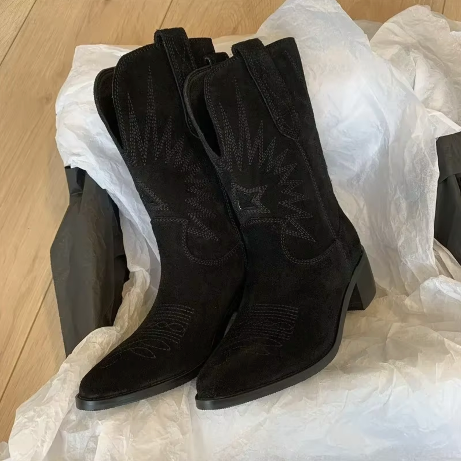 Women's Suede Cowgirl Boots - Pointed Toe Mid-Calf Western Boots - Embroidered Shaft - Block Heel