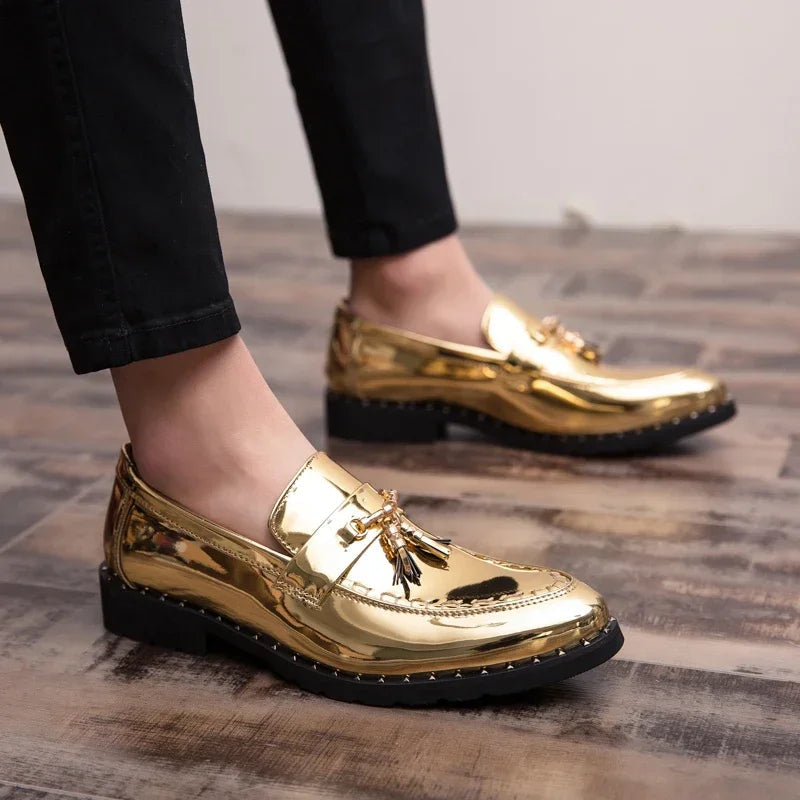 Men's Tassel Loafers - Slip-On Patent Upper - Pointed Toe Low Heel