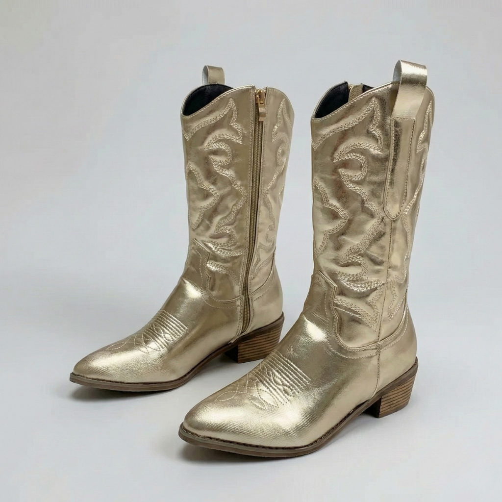 Women’s Metallic Western Cowboy Boots with Mid-Calf Shaft