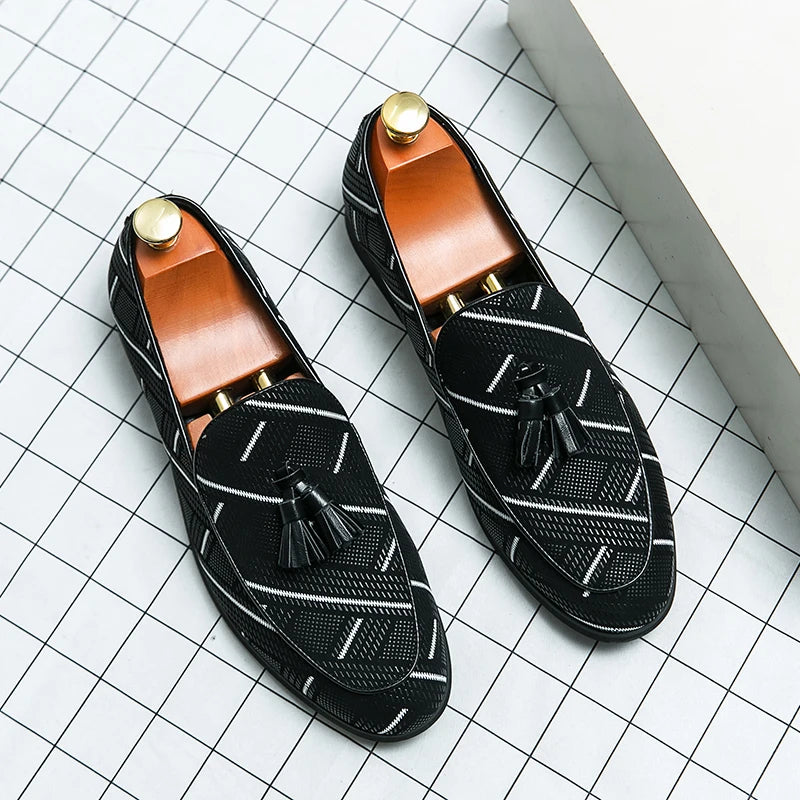 Men’s Almond Toe Checker Weave Faux Leather Tassel Loafers with Slip-On Design