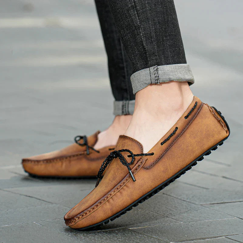 Men’s Slip-On Driving Loafers with Almond Toe, Front Lace Detail, and Rubber Grip Sole