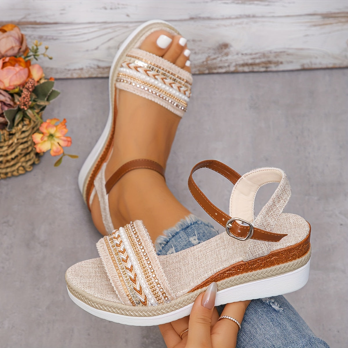 Women's Platform Wedge Comfortable Espadrille - Ankle Strap - Braided