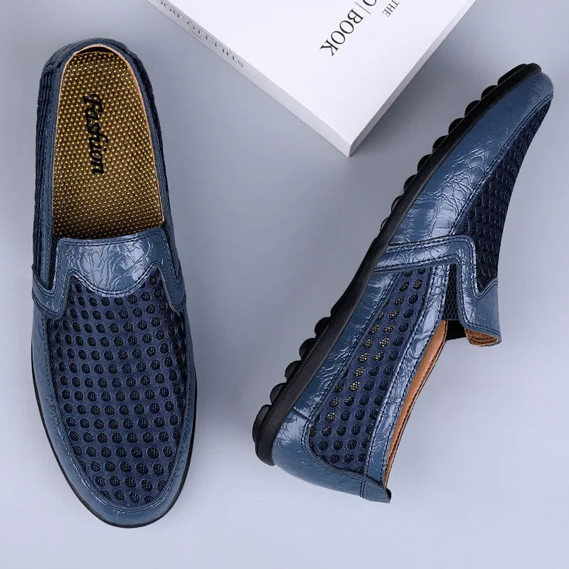 Men’s Round Toe Mesh Faux Leather Loafers with Breathable Perforated Upper