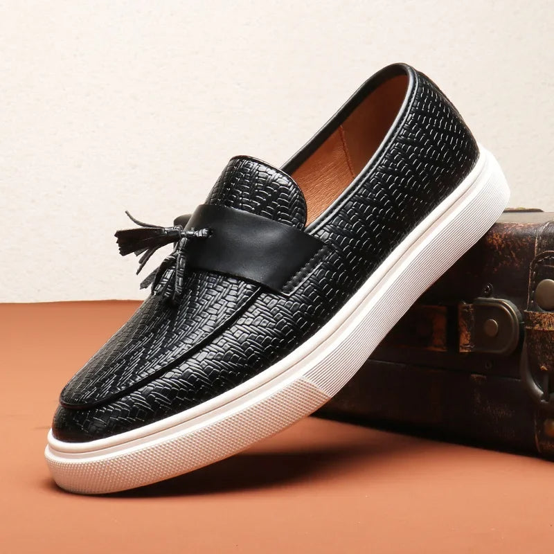 Men's Tassel Loafers - Slip-On Woven Embossed Upper - Flat Sneaker Sole