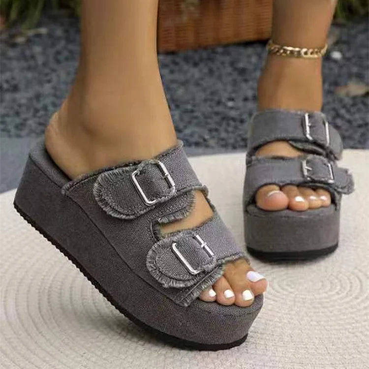 Women’s Open Toe Platform Slide Sandals with Double Buckle Straps