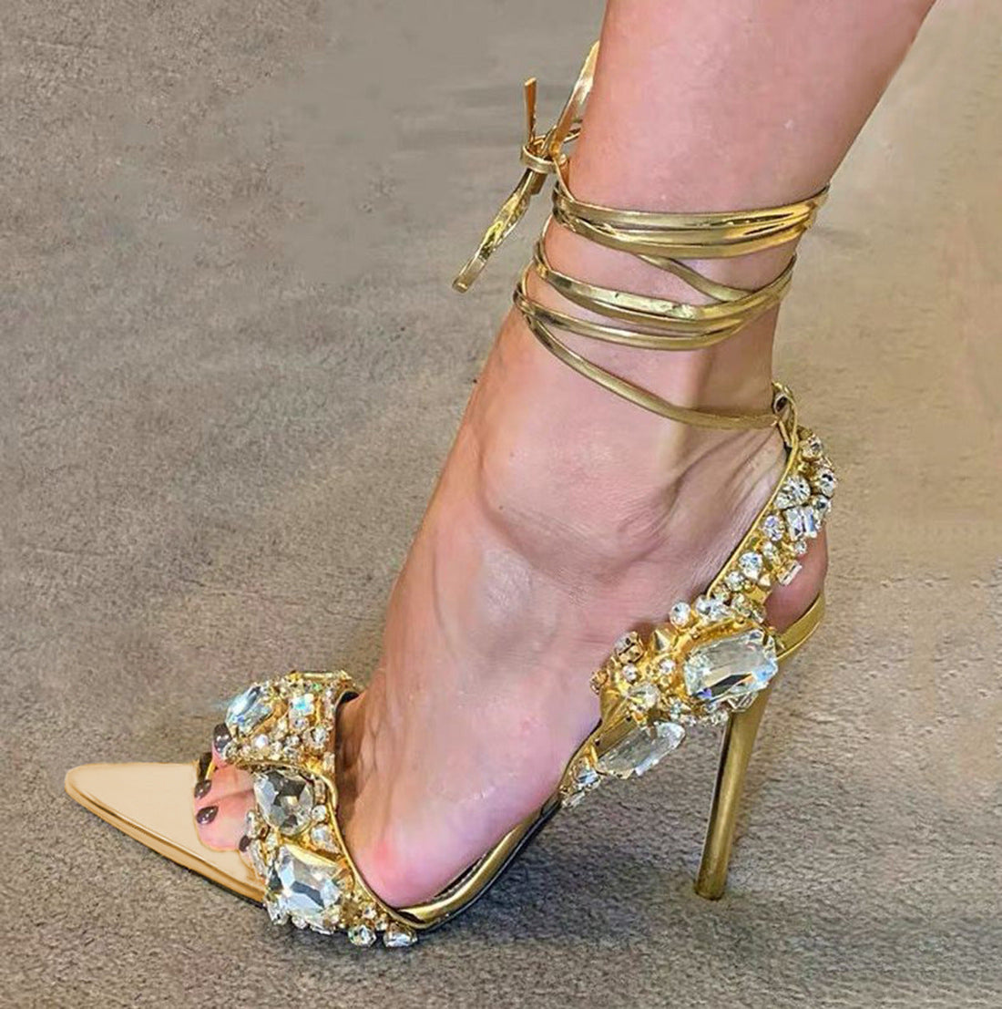 Women's Gold Crystal Rhinestone Embellished Lace-Up Pointed Toe Stilettos