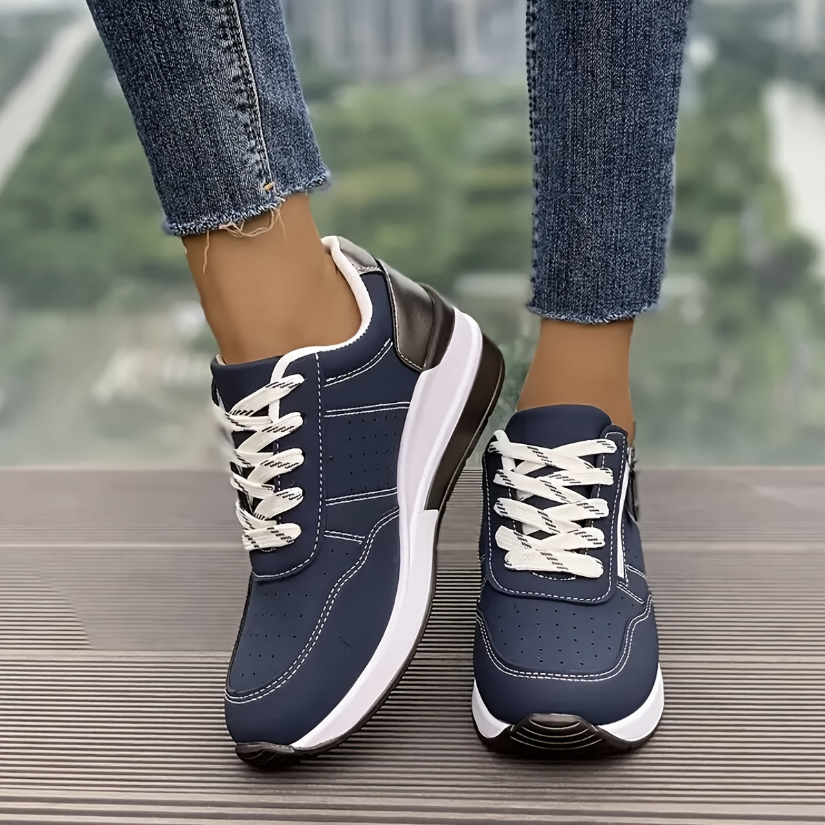 Women’s Lace-Up Sneakers with Side Zipper and Rounded Toe