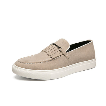 Men's Slip-On Loafers with Fringe Trim - Moc Toe and Flat Rubber Sole