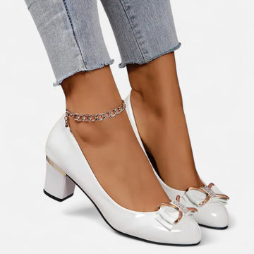 Women's Patent Leather Block Heels - Bow Detail - Rhinestone Accent