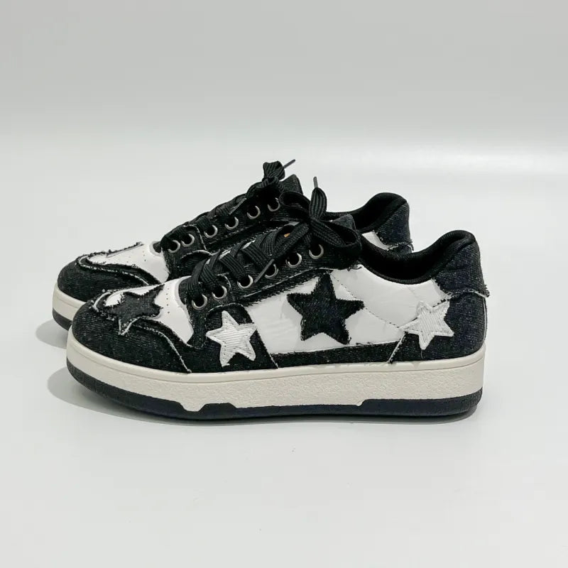 Women’s Star Pattern Casual Sneakers - Lace-Up Denim Style - Low Top Street Shoes