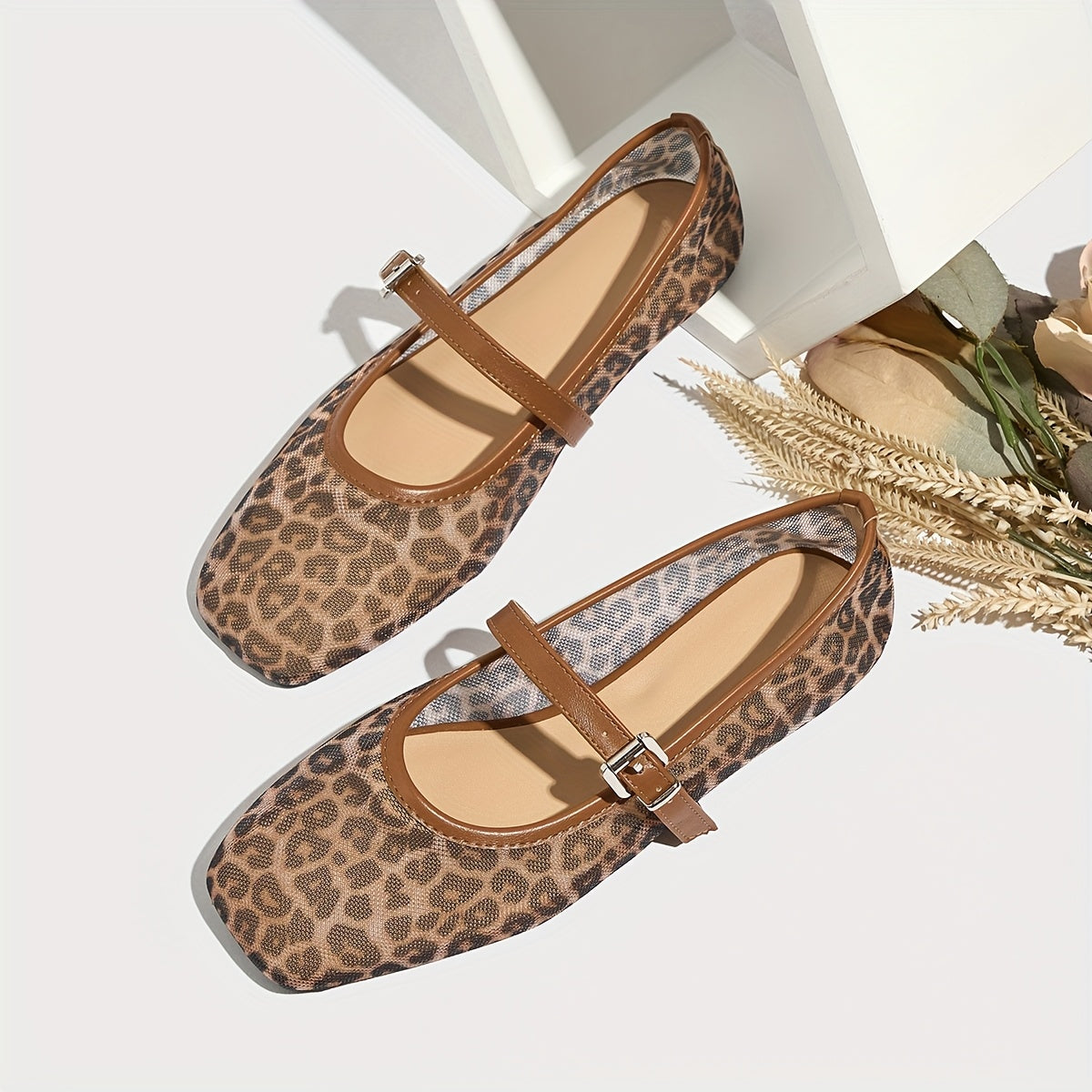 Women's Mary Jane Flats – Square Toe Buckle Strap Mesh Upper with Leopard Print