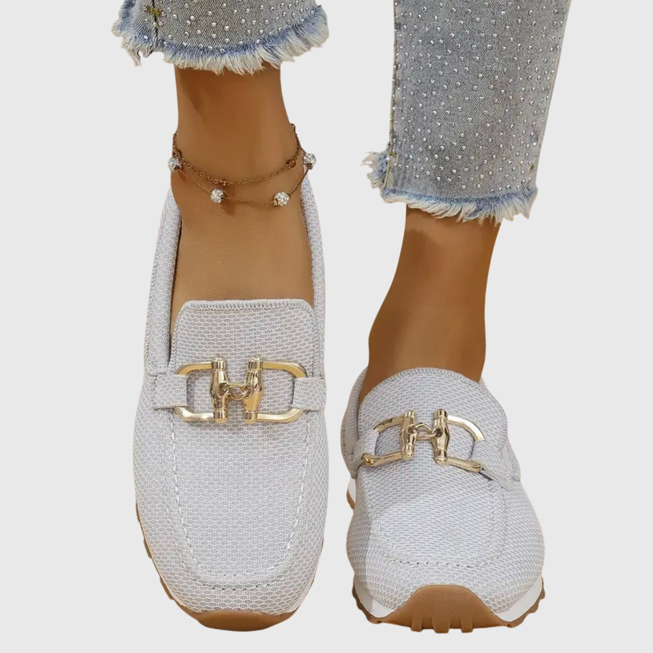 Women’s Almond Toe Slip-On Sneakers with Metal Bit Detail and Textured Rubber Sole