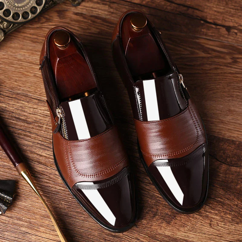 Men's Pointed Toe Dress Shoes - Side Zip - Patent Panel Upper Low Heel