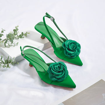 Women's Pointed Toe Kitten Heels - Slingback Pumps - Rosette Vamp Detail