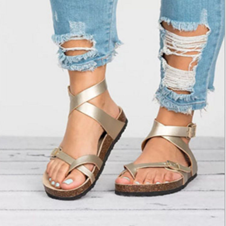 Women's Slip-On Strappy Flat Sandals - Round Toe - Moccasin Stitch Outsole