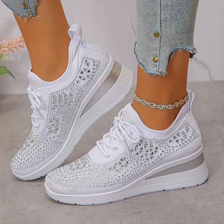 Women's Knit Lace-Up Sneakers - Rhinestone Detail - Wedge Sole