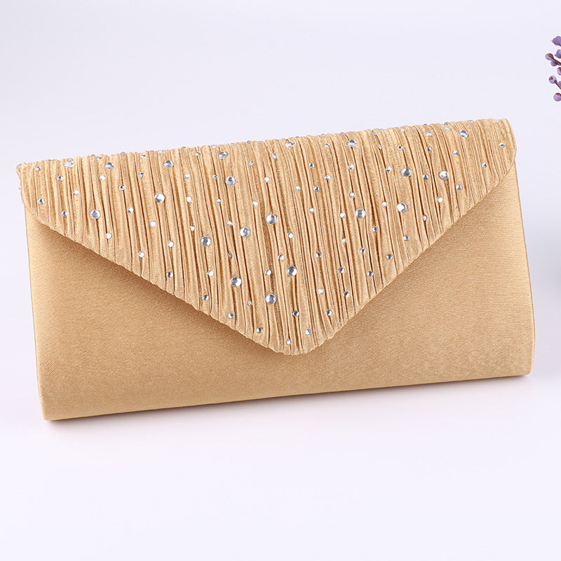 Women's Satin Rhinestone Clutch Bag Envelope with Pleated Flap