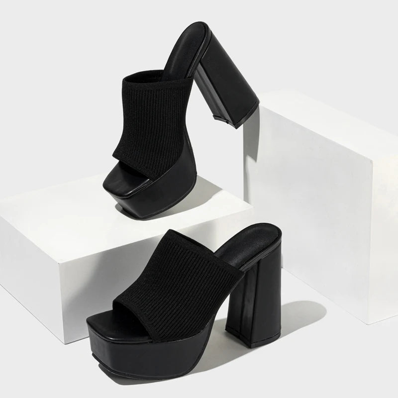 Women’s Open Toe Platform Mule Heels with Ribbed Strap and Block Heel