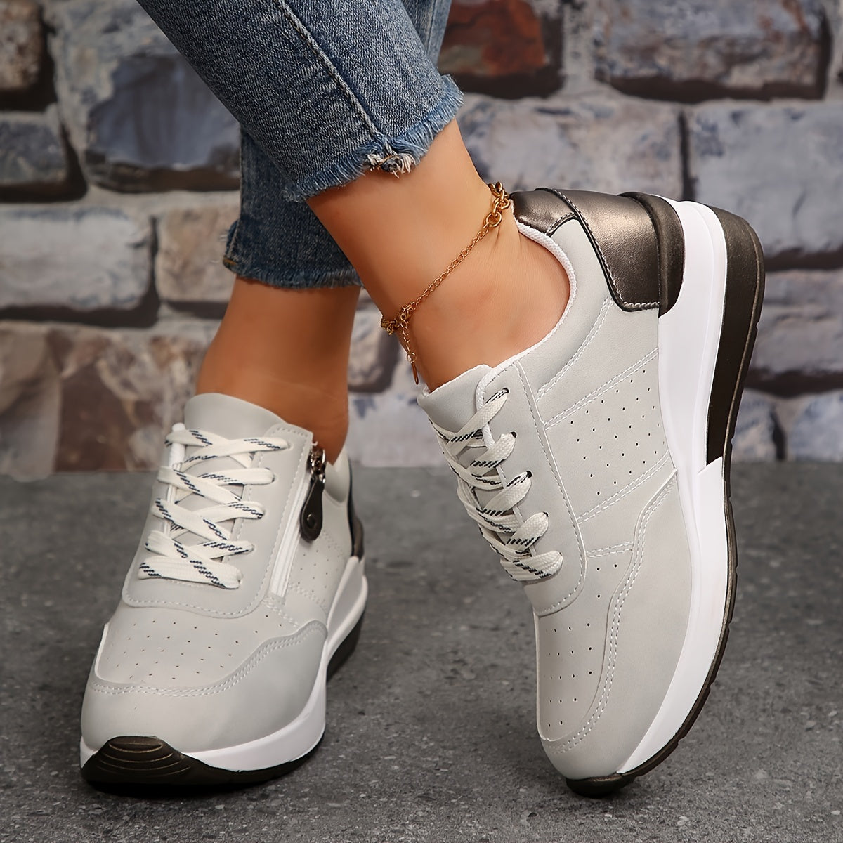 Women’s Lace-Up Sneakers with Side Zipper and Rounded Toe