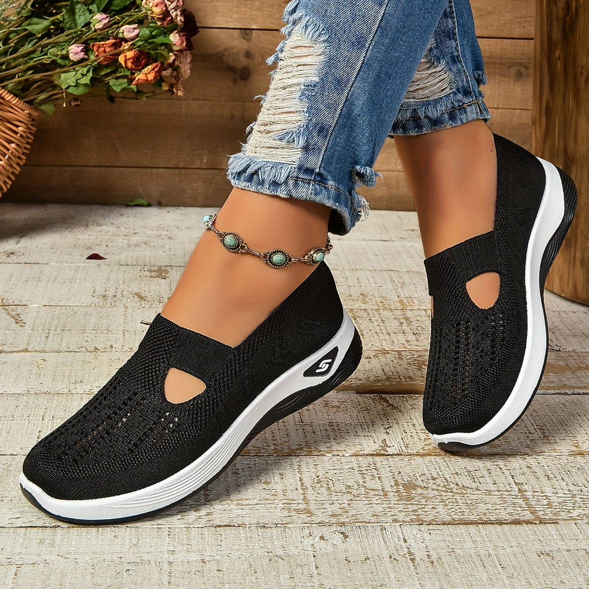 Women's Slip-On Sneakers - Knit Upper - Cutout Vamp - Platform Sole