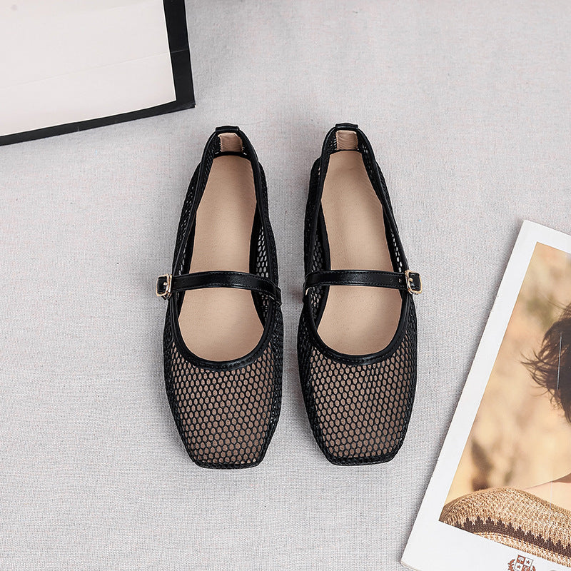 Women's Mesh Mary Jane Flats – Square Toe Buckle Strap Open Weave Upper