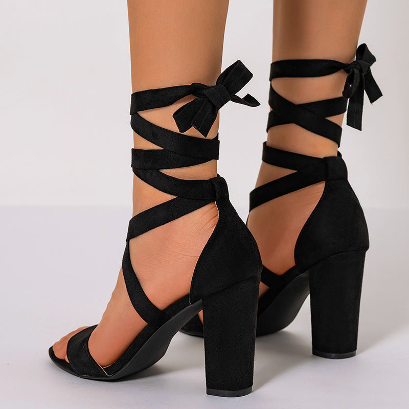 Women's Strappy Block Heel Sandals – Open Toe Ankle Lace-Up Tie Suede