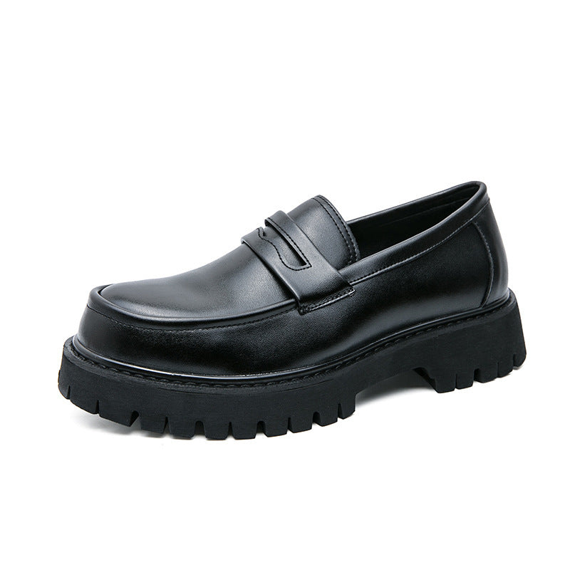 Men’s Black Rounded Toe Slip-On Loafers with Front Strap - Chunky Lug Sole
