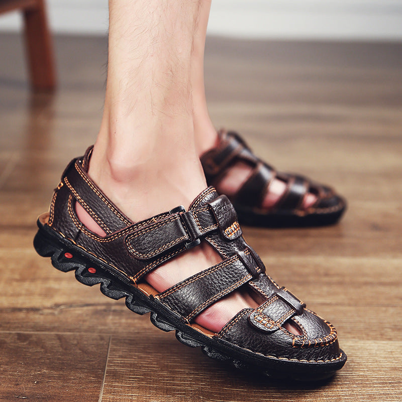 Men's Sandals Closed-Toe Velcro Strap Leather Fisherman