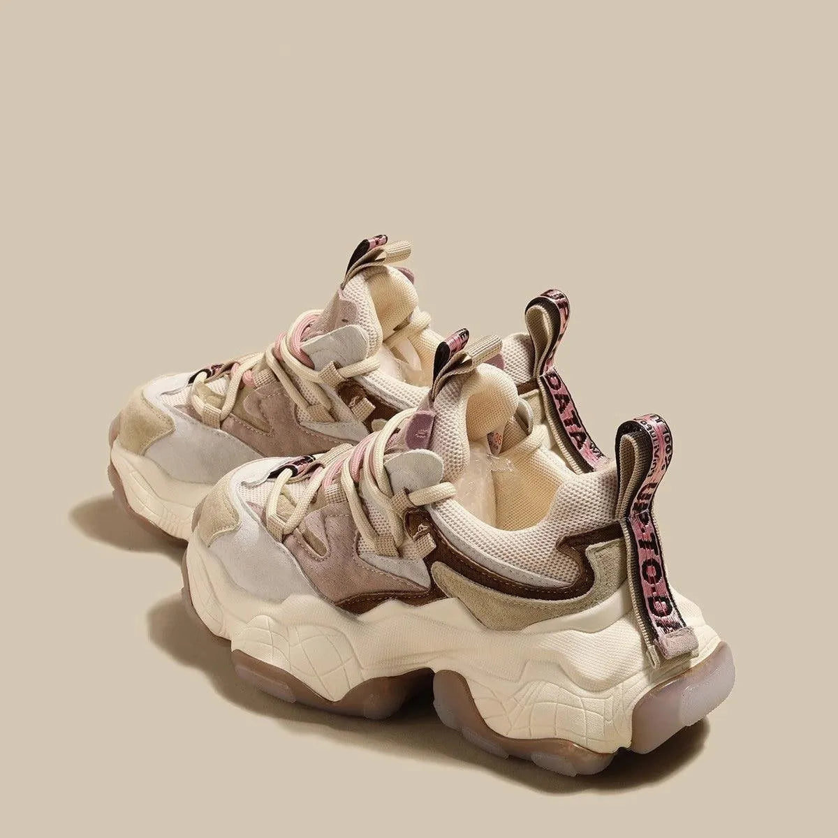 Women's Lace-Up Platform Sneakers - Chunky Sole - Mixed Material