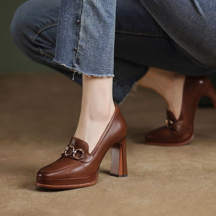 Women’s Square Toe Loafer Pumps with Block Heel and Slip-On Design