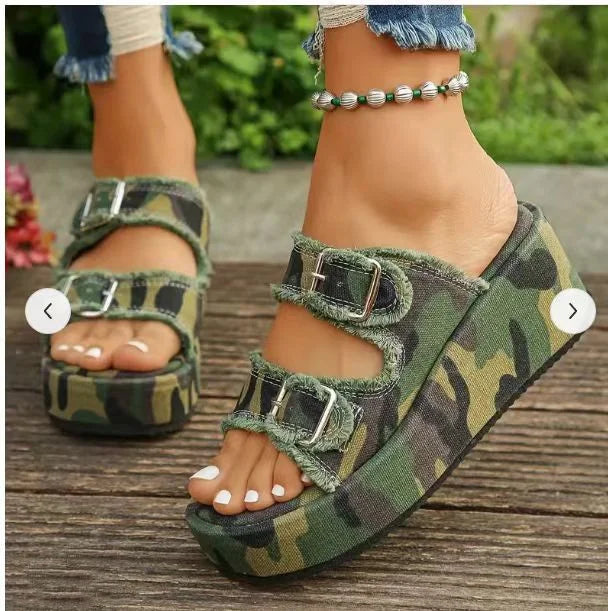 Women’s Open Toe Platform Slide Sandals with Double Buckle Straps
