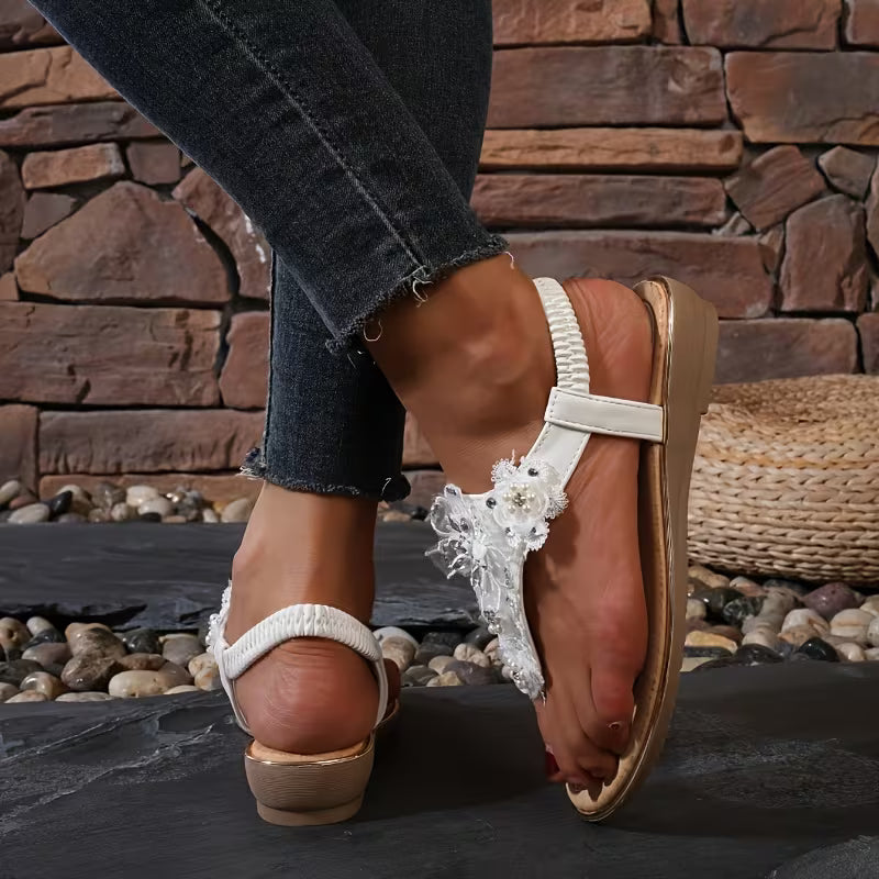 Women's Flat Thong Sandals – T-Strap Floral Lace and Rhinestone Elastic Slingback