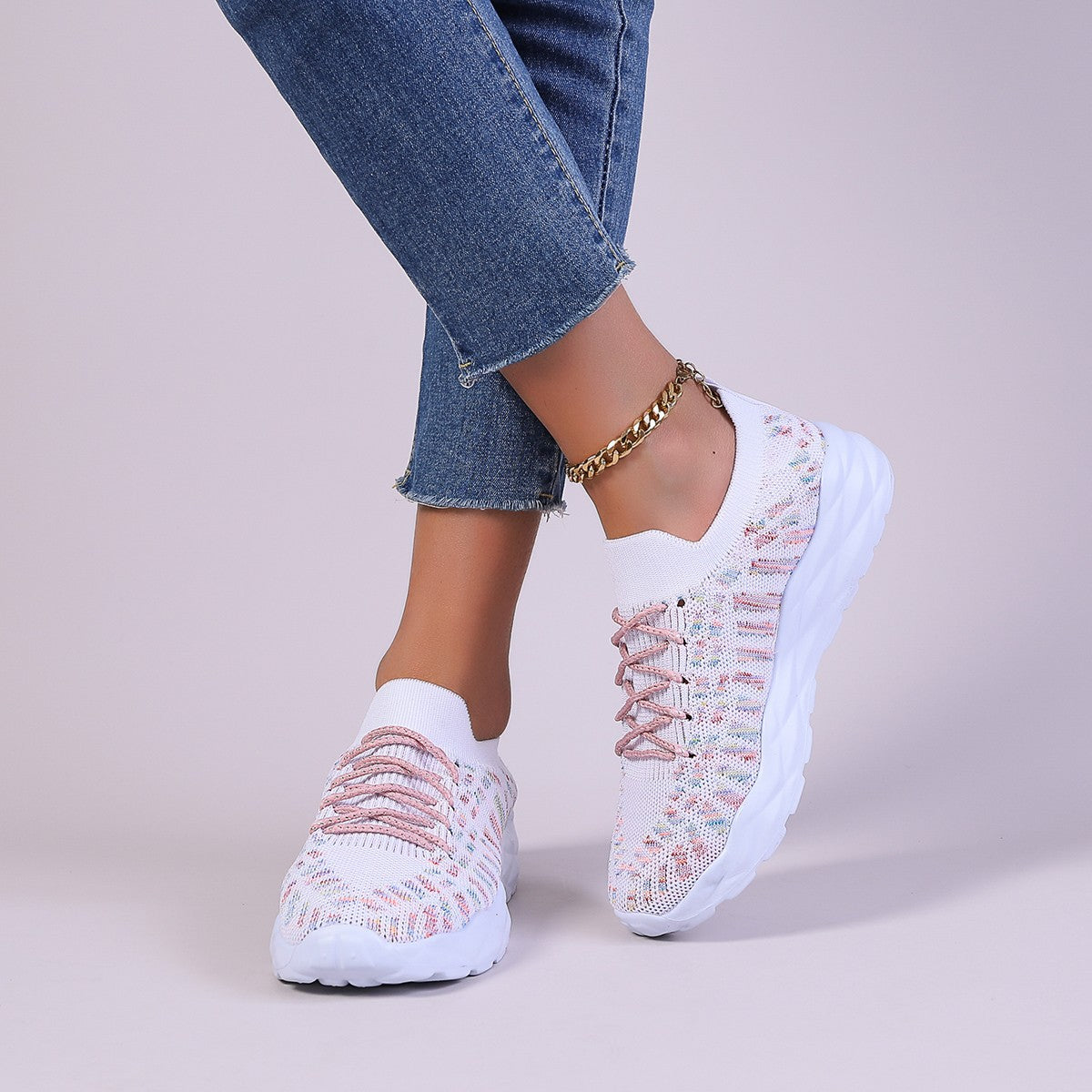 Women's Lace-Up Knit Mesh Sneakers - Round Toe - Sock Collar - Chunky Sole