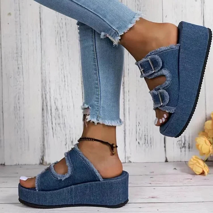 Women’s Open Toe Platform Slide Sandals with Double Buckle Straps