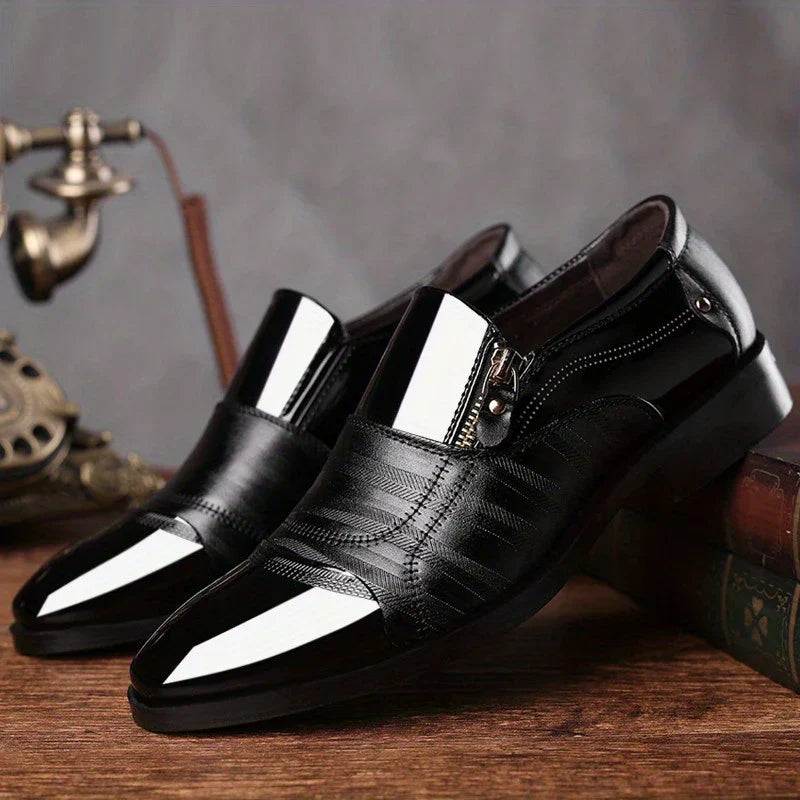Men's Pointed Toe Dress Shoes - Side Zip - Patent Panel Upper Low Heel