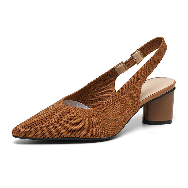 Women's Slingback Heels - Pointed Toe - Block Heel - Knit Upper