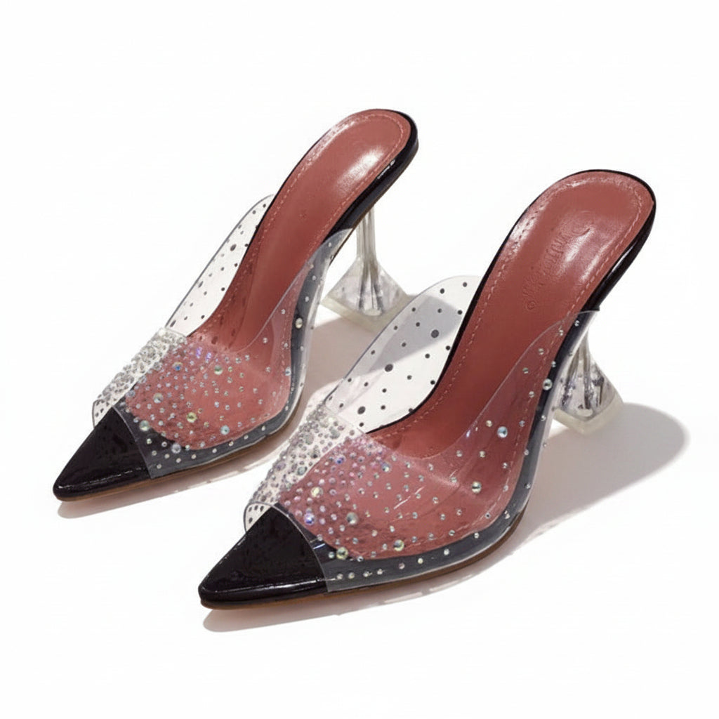 Women's Clear PVC Rhinestone Pointed Toe Slide Heels with Lucite Heel