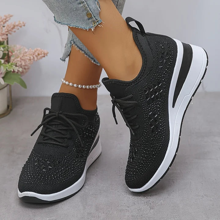 Women's Knit Lace-Up Sneakers - Rhinestone Detail - Wedge Sole